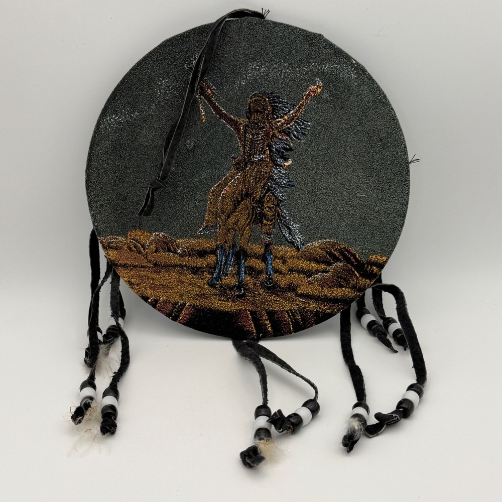 VTG Southwestern Native Style Drum Wall Hanging Horse Warrior Beaded Fringe 6.5"